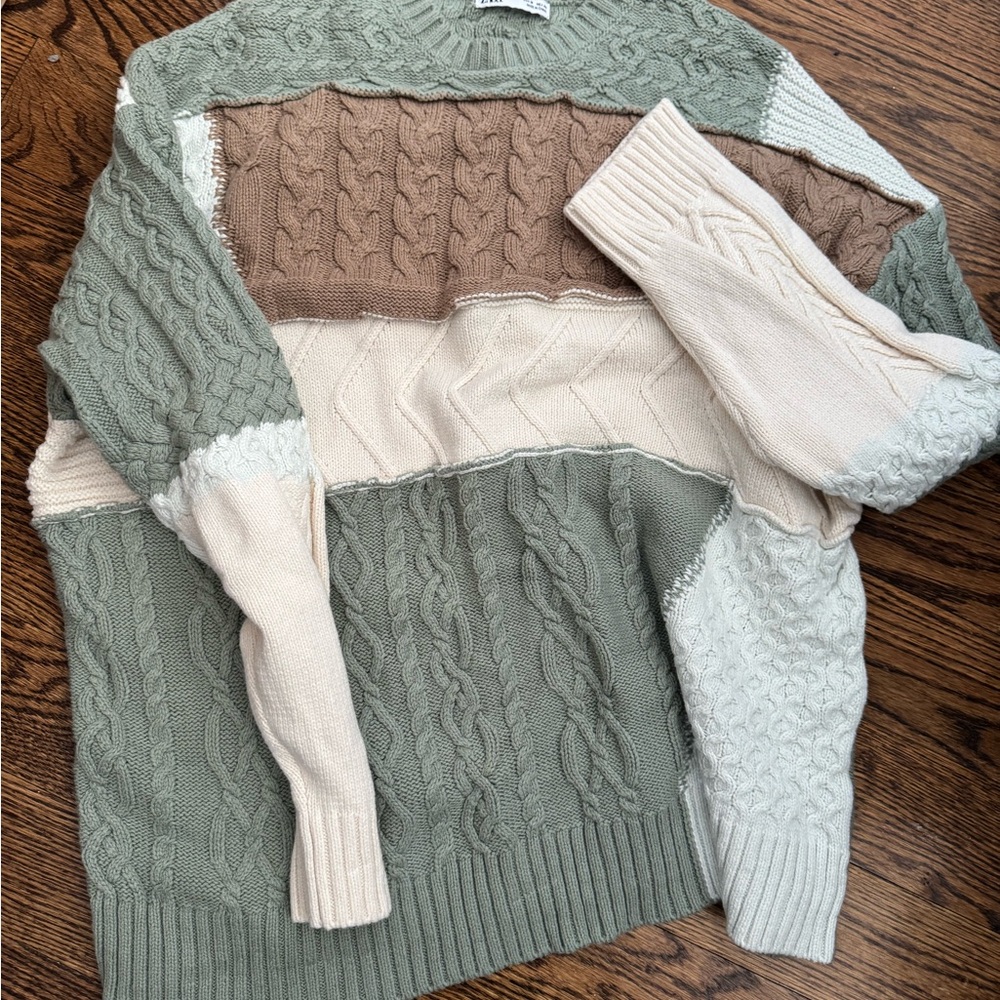 Zara Cable-Knit Colorblock Sweater in Sage, Cream & Brown